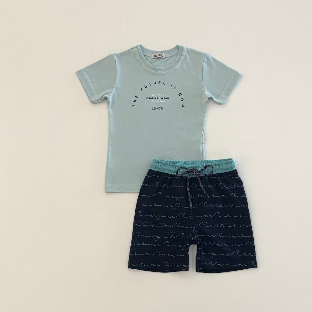 Conjunto Infantil Menino Luc.Boo Camiseta Verde e Bermuda Marinho Ondas Verão Moda Kids 87596