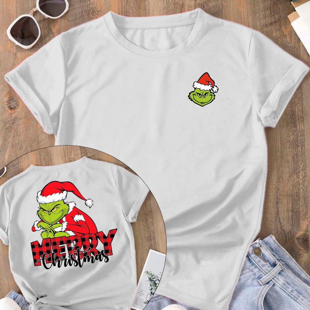 [Camiseta Premium em Algodão Puro]SISI Camiseta Oversized Natal Grinch Merry Green Camisa Estampada 100% Algodão