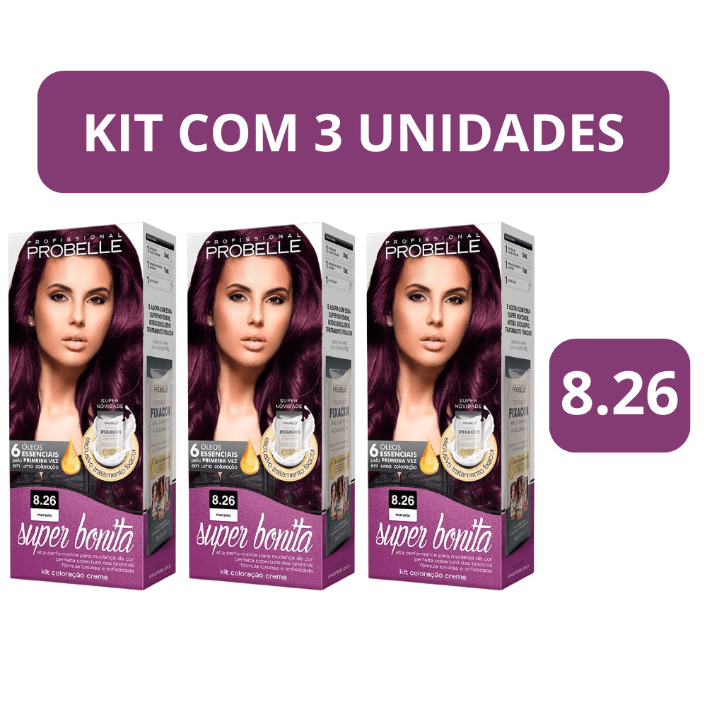 Kit c/3 Tinta de Cabelo Probelle Marsala 8.26 – Resultado Profissional e Cor Marcante com Brilho em Oferta na Shopee