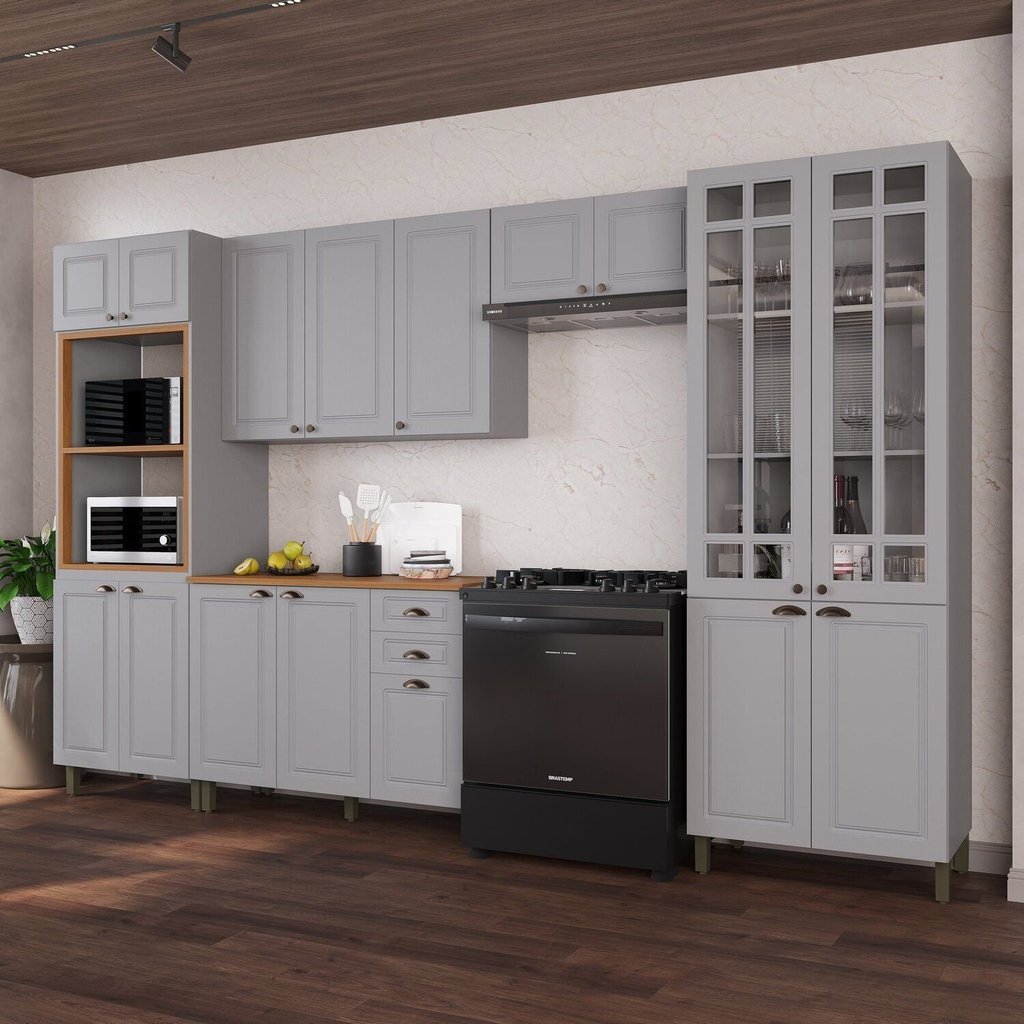 Cozinha Modulada 5 Peças Torre Quente Cristaleira com Vidro Balcão com Tampo e 2 Aéreos 100% MDF Bari Cinza/Titanio