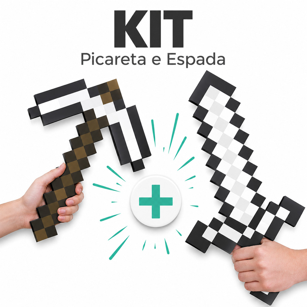Kit Espada + Picareta Pixel Diamante Mine em 3D | Decoração Infantil Seguro Gamer
