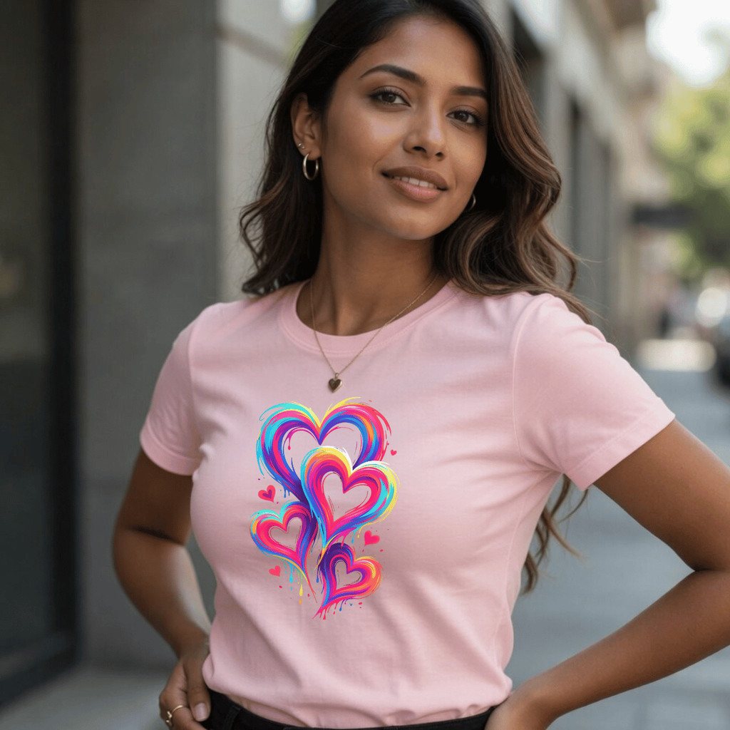 Camiseta Feminina Estampada 4 Coração Colorido 100% Algodão Premium Verão Manga Curta Academia Treino Casual Plus Size