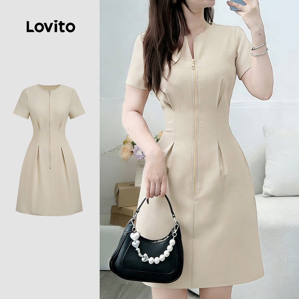 Lovito Elegante Vestido com Zíper e Pregas de Primavera/verão Cáqui para Mulhere