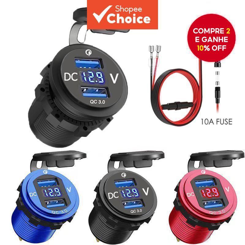 Novo Carregador de Carro em Alumínio 12/24V 36W QC3.0 Dual USB Tomada à Prova d'Água com Interruptor de Voltmímetro