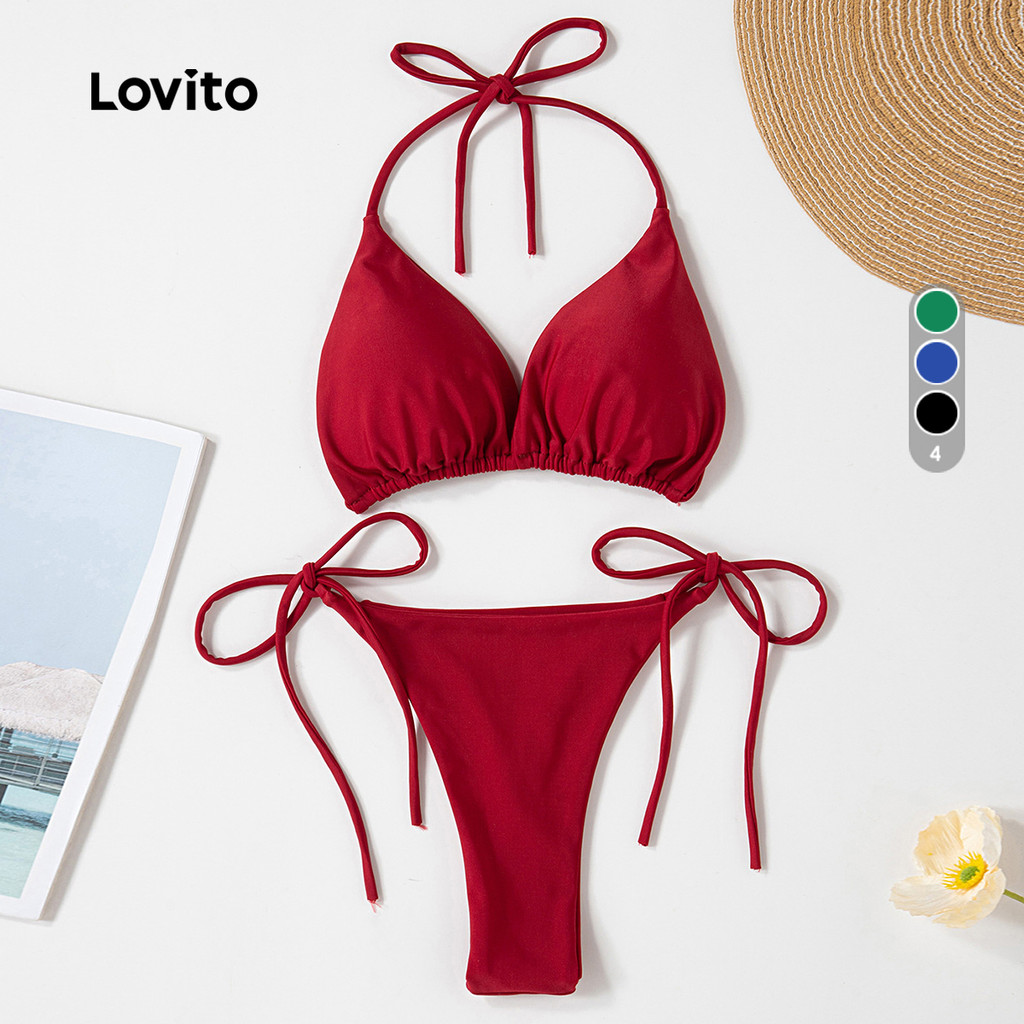 Lovito Conjuntos De Biquíni Casuais Para Festa De Com Amarração Nas Costas Na Cor Vermelha Para Mulheres LNL126236 em Oferta na Shopee