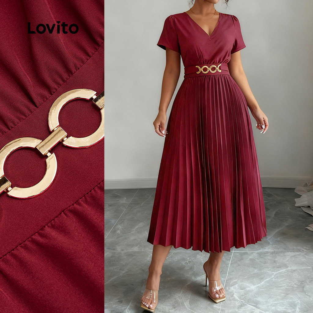 Lovito Vestido Elegante Plissado de Metal para Primavera/verão Vestido Bordô para mulheres LBL31100 em Oferta na Shopee