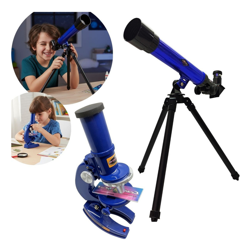Imagem Kit Telescópio e Microscópio Infantil 2 em 1 Educativo Com Tripé Ideal Para Explorar Estrelas Natureza e Ciência