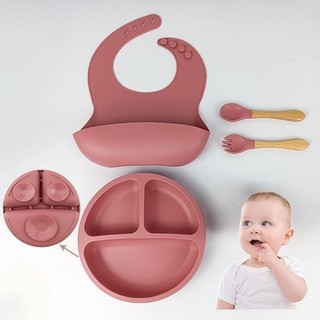 Talheres do Bebê 4 Pcs Talheres Silicone Infantil Com ventosa Colher Babador