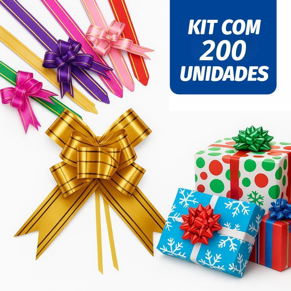 200 Laços Fácil M com Fio Dourado 18mm x 34cm P Presentes e Decorações
