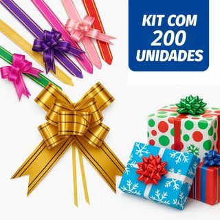 200 Laços Fácil M com Fio Dourado 18mm x 34cm P Presentes e Decorações