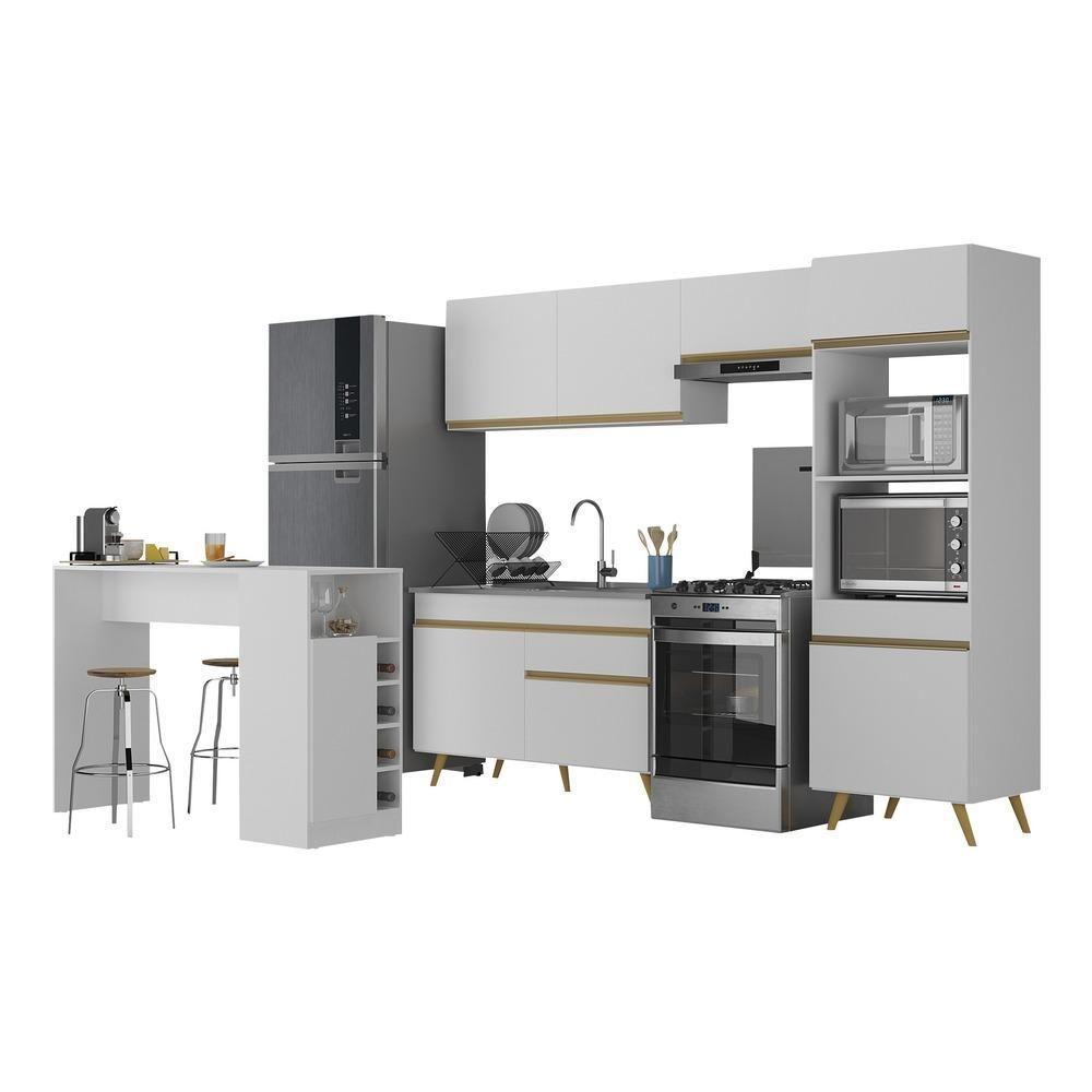 Armário De Cozinha Com Bancada-mesa Gourmet Veneza Multimóveis Mp2174 Branco-dourado Branco-dourado
