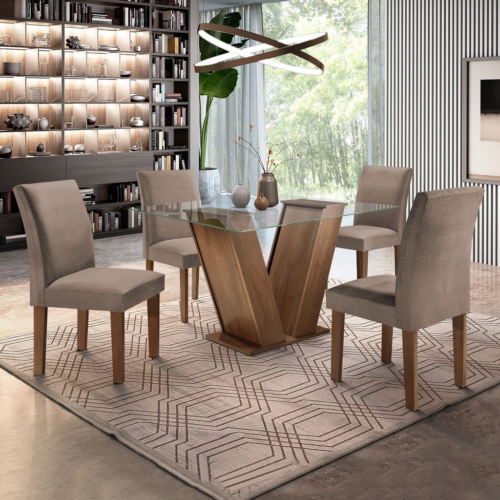 Conjunto Sala de Jantar Mesa Tampo de Vidro e 4 Cadeiras Classic Cel Móveis Chocolate/Areia