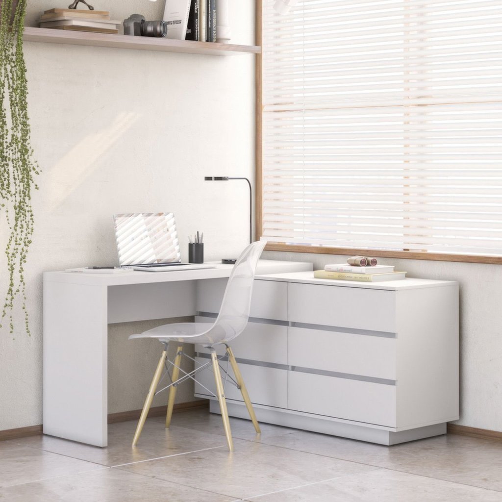 Escrivaninha em L ou Reta Oring 6 Gavetas 230cm CabeCasa MadeiraOriginals Branco Branco