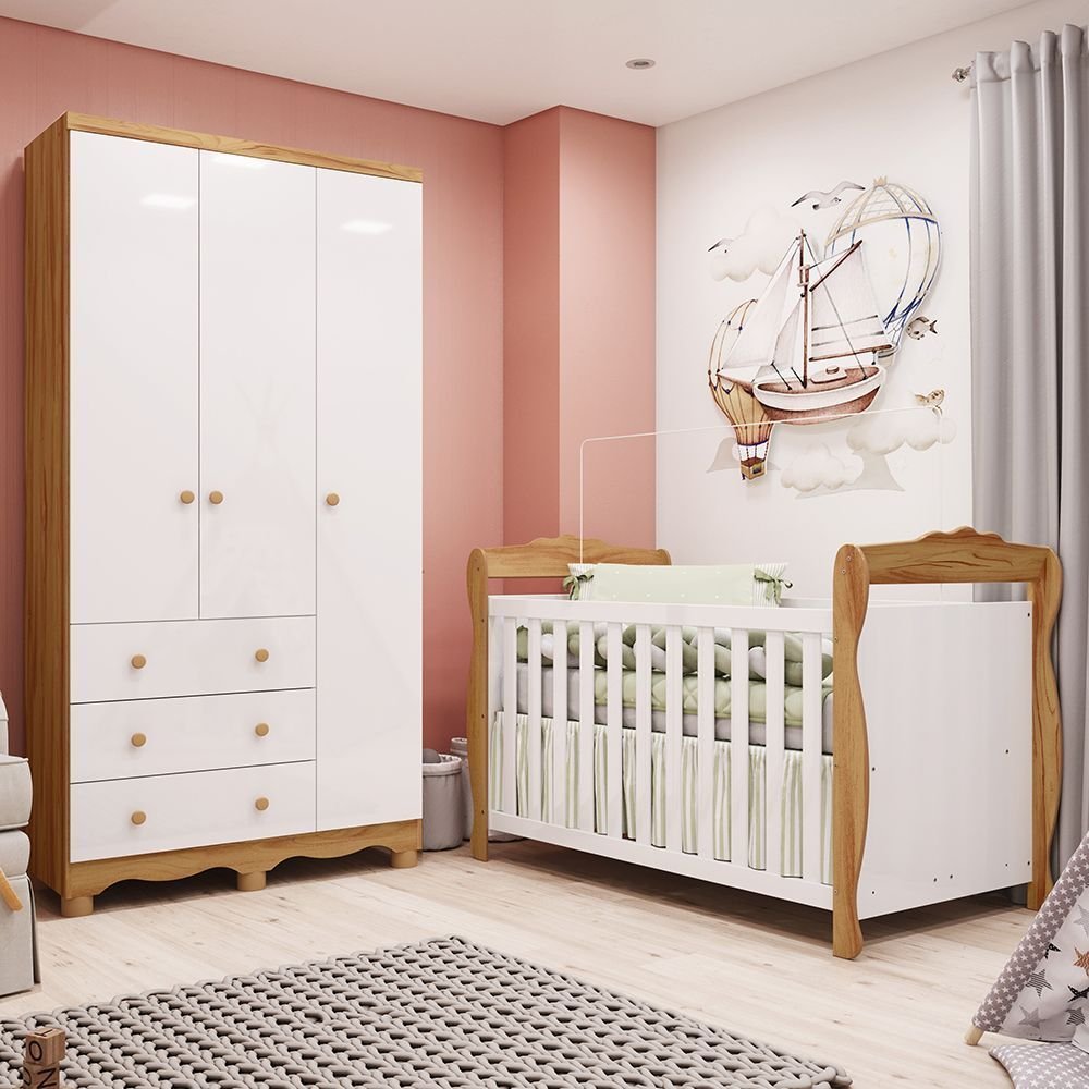 Quarto de Bebê com Guarda-Roupa 3 Portas e Berço Americano Nina 100% MDF Espresso Móveis Branco/Brilho/Amêndoa