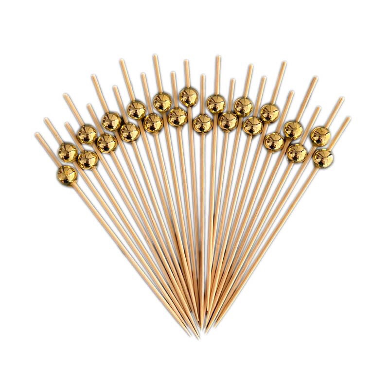 Kit 100 Palitos de Bambu Para Petisco Decorado Bolinha dourada 12cm