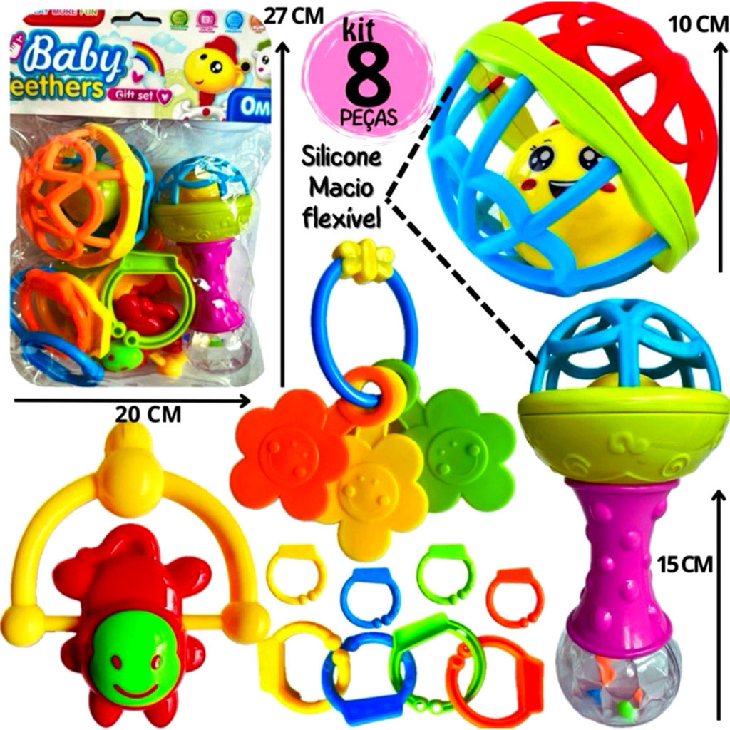 Kit Chocalho e Mordedor Bebê 8 Peças Colorido Silicone Macio Presente Menino e Menina