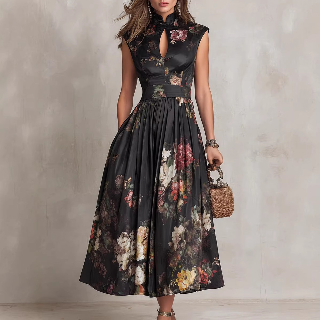 Saia Longa Feminina Sem Mangas Preta Com Estampa Digital E Vestido Tridimensional Emagrecedor De Flores