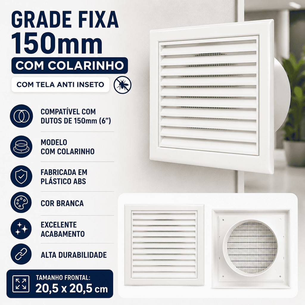 Grelha Grade Saída De Ar Fixa Em Plástico Abs Com Tela e Colarinho 150mm