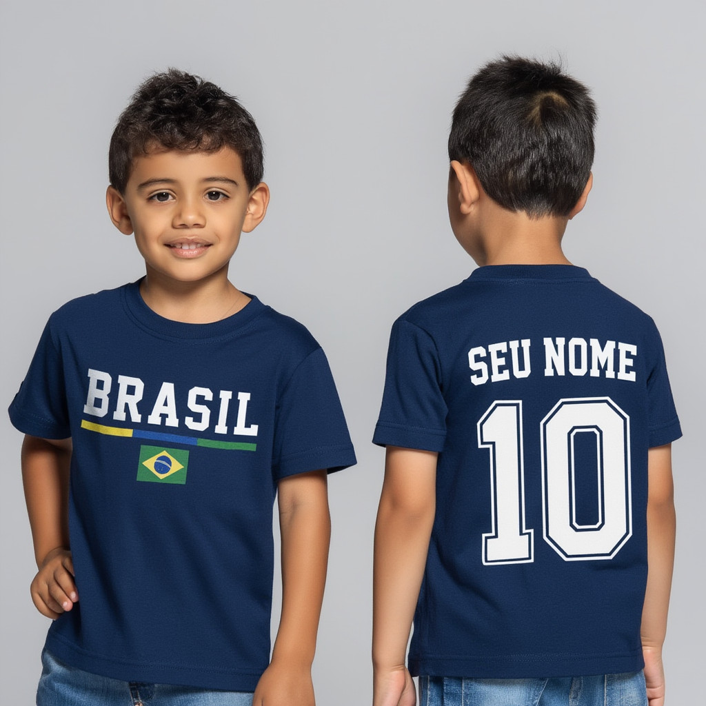 Camisa Infantil Brasil Personalizada Nome Numero Algodao Menino Menina Hexa Copa Seleção Mundo Brasileira Confortavel