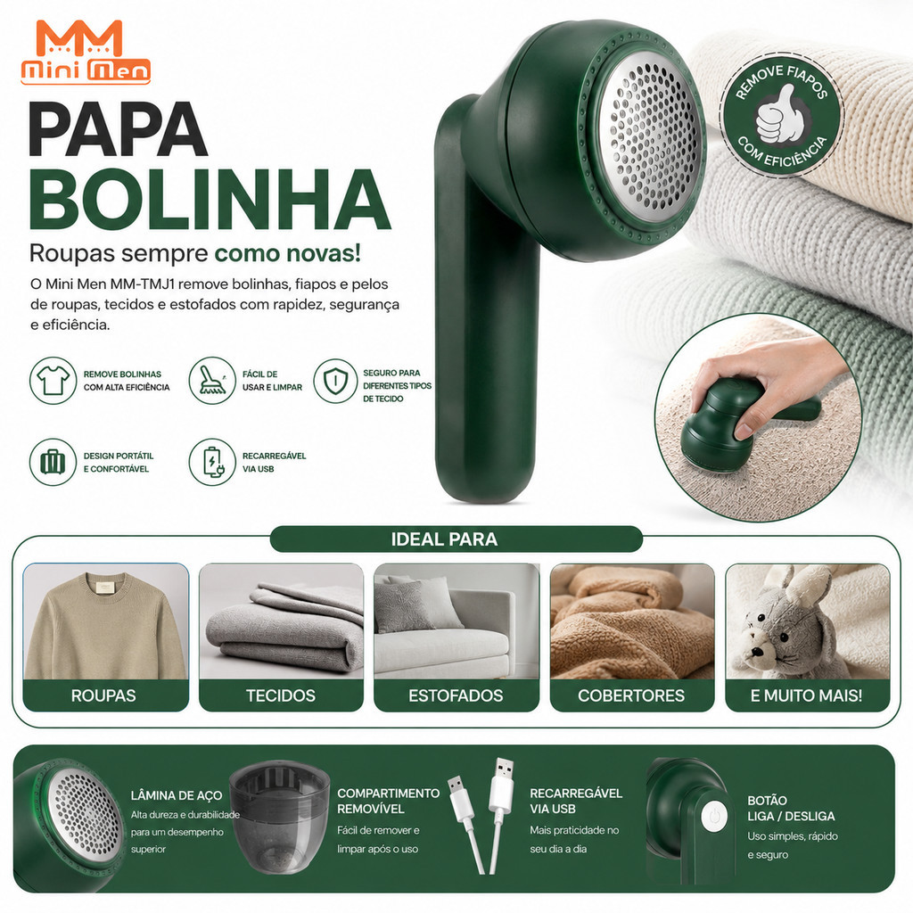 Removedor de Bolinhas Recarregável Mini Men MM-TMJ1 – Tira Fiapos, Roupas como Novas