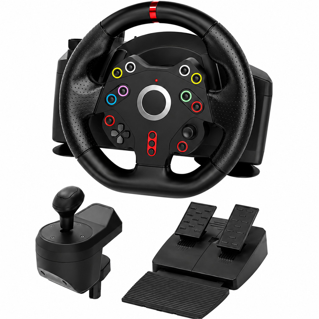 Volante Gamer Pedal e Câmbio Simulador Corrida Motor Duplo 6 Botões para PC KP-5817