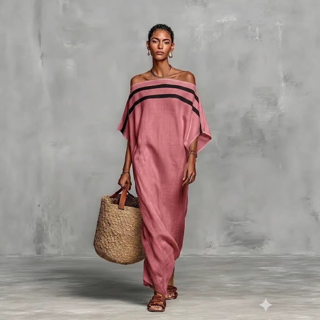 Verão novo estilo vestido de um ombro feminino solto férias boneca manga vestido longo