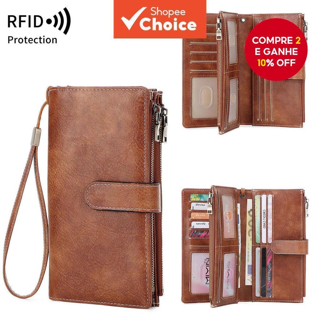 RFID Blindagem Carteira Feminina Retro Três Dobras Longa Multifuncional Grande Capacidade Duplo Zíper Embreagem Bolsa Ti RFID Blindagem Carteira Feminina Retro Três Dobras Longa Multifuncional Grande Capacidade Duplo Zíper Embreagem Bolsa Ti