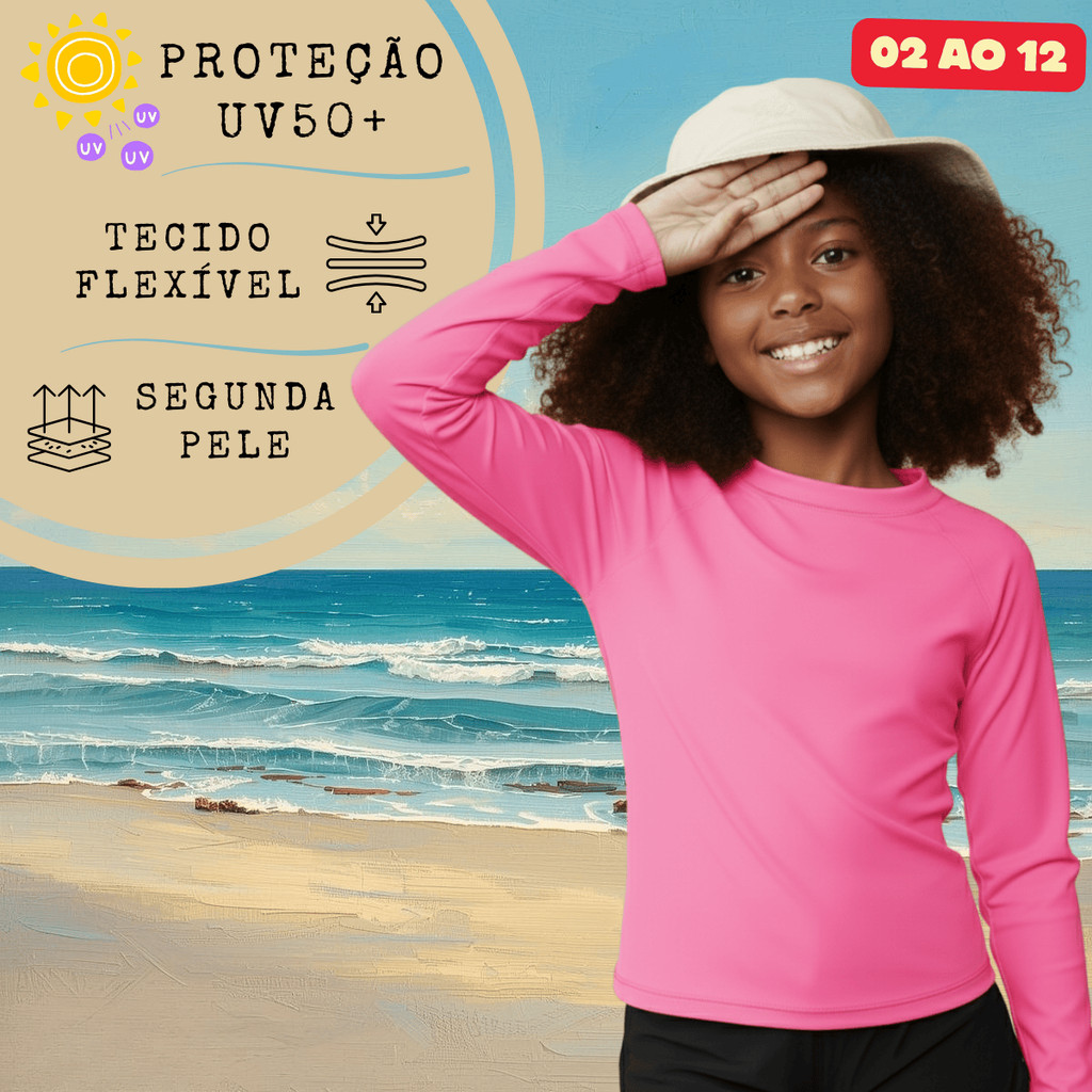 Camisa Térmica Infantil Menina Manga Longa Proteção Solar Segunda Pele de 2 a 12 anos Uv50+