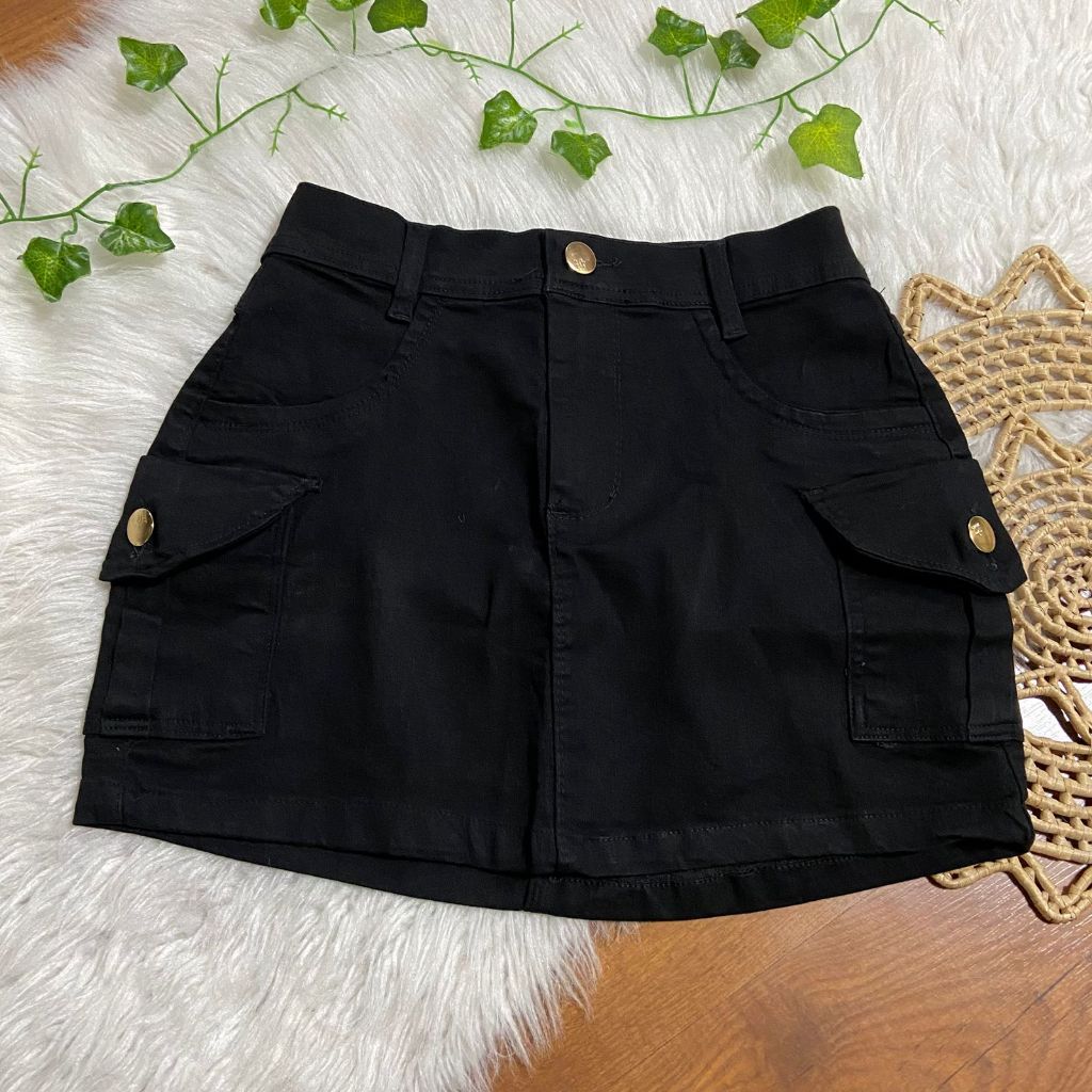 Saia jeans feminino 36 a 46 preto cargo cintura alta com lycra curto em Oferta na Shopee