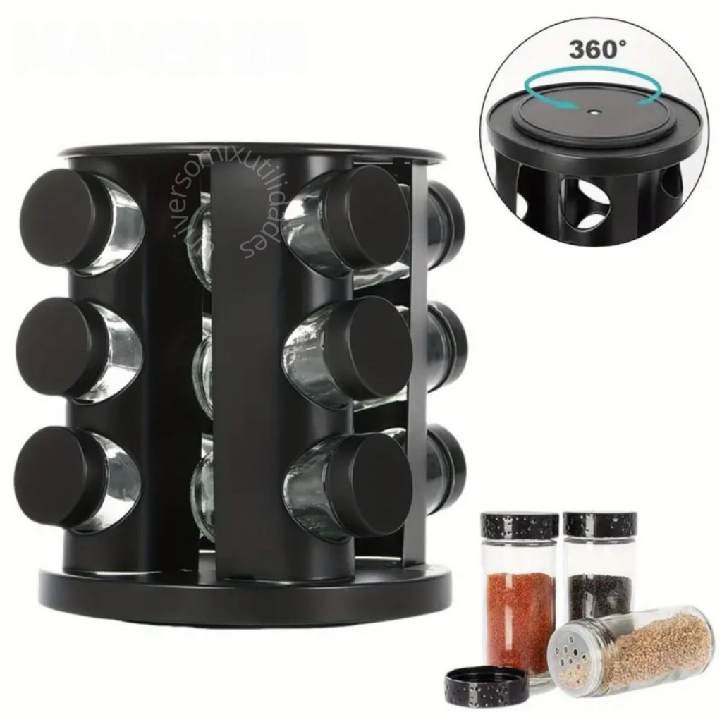 Imagem Porta Tempero Giratorio Preto Com 6/9 Potes Vidro Reforçado Premium