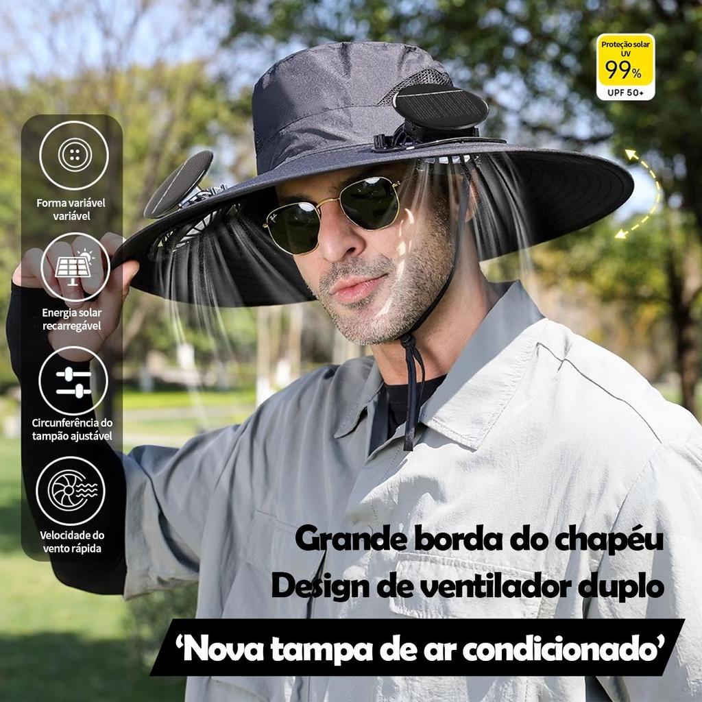 Chapéu com Duplo Ventilador,Carregamento Solar e Cabo de Carregamento Incluso–Frescor e Praticidade em Qualquer Lugar