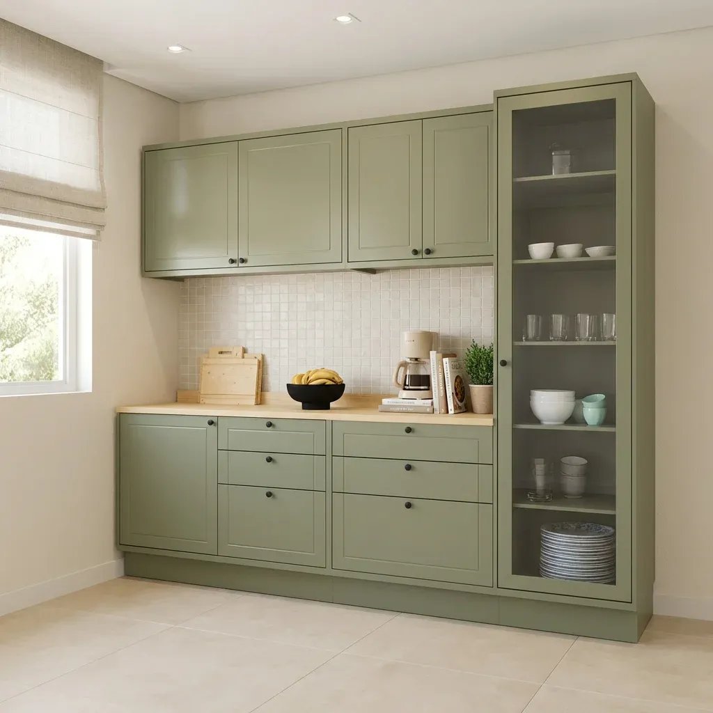 Cozinha Compacta Modulada 5 Peças 2 Balcões com Tampo 2 Armários Aéreos e Cristaleira em MDF Sevilha Verde/Carvalho