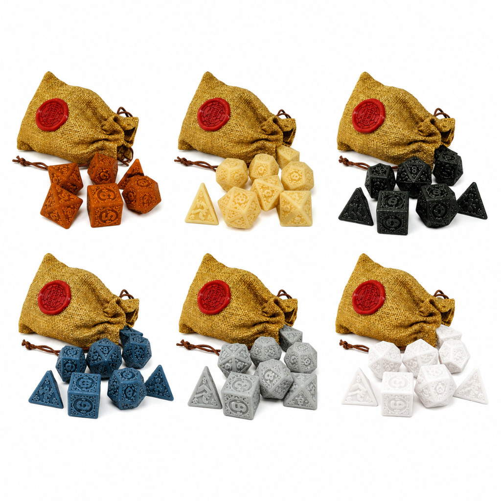 Conjunto 7 Dados RPG Runas Antigas + Bolsa do Covil do Jabuti | D&D (D6 D20 D10 D12 D4 D8)