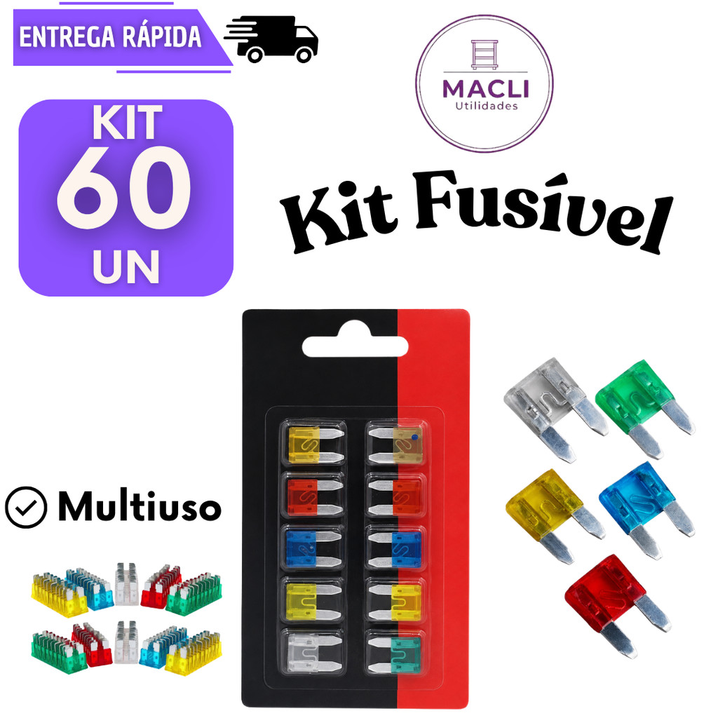 Fusivel Automotivo 60 Fusiveis Mini 5A 10A 15A 20A 25A Proteção Lâmina Veicular Para Carro Moto Fusivel Bateria Cartela