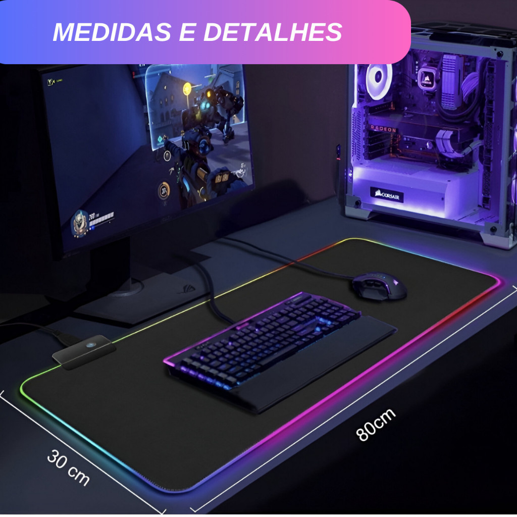 Mouse Pad Gamer Grande Speed Borda Led 7 Cores Rgb Impermeável 300cm X 800cm