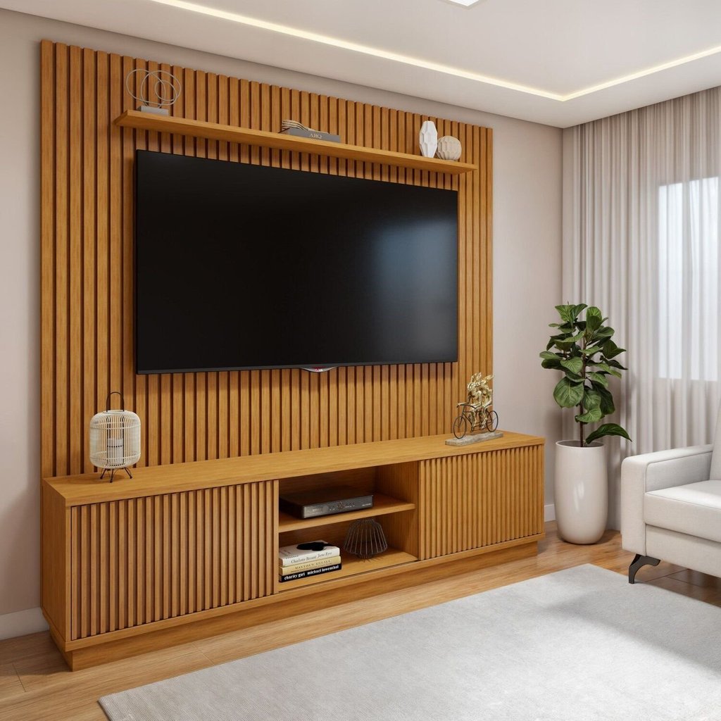 Rack com Painel Ripado para TV até 75 Polegadas com LED 100% MDF 220CMX303,5cm sem Paris Arezzo Marrom Naturalle
