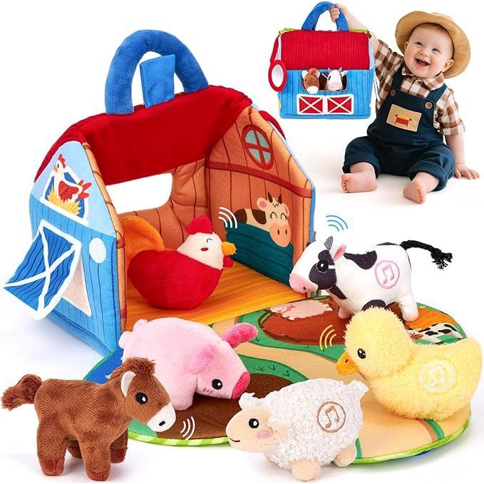 Fazenda de Pano Montessori – Brinquedo Sensorial Fazenda com 6 Animais,Som ao Apertar,Encaixar e Tirar,Estimula Coordena