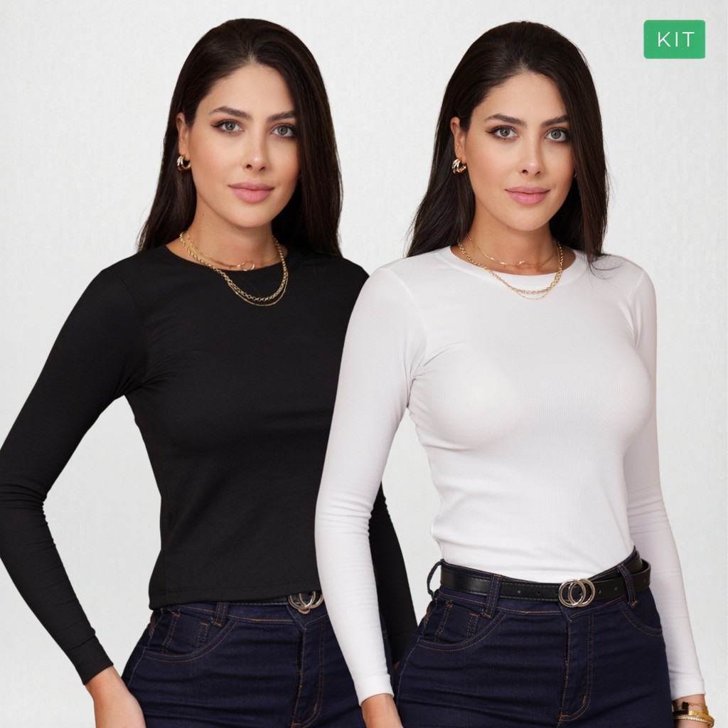 Kit 2 Blusas Manga Longa Canelada Feminina Térmica Roupa de Inverno Ribana Quentinha