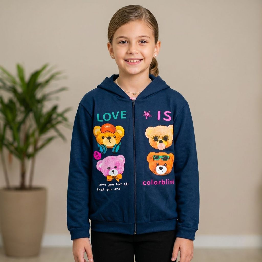 Jaqueta Infantil Menina com Capuz Zíper Moletom Feminino Estampado Casaco Juvenil Inverno