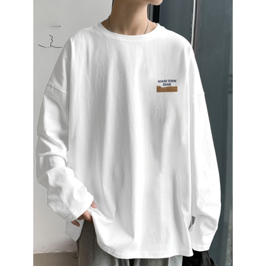 Camiseta de manga comprida masculina juventude em torno do pescoço puro algodão primavera outono interior branco camisa 