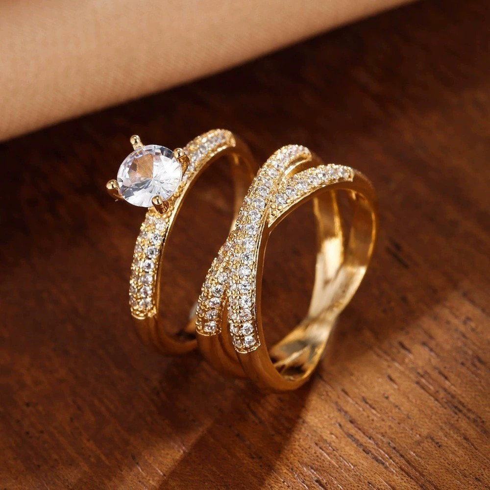 Acessórios de moda anel de zircão Micro-incrustado europeu americano senhoras moda anel de casamento conjunto de 2 peças