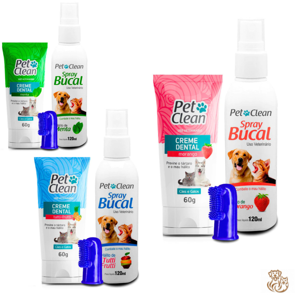 Kit Higiene Bucal Para Cachorro e Gato Creme Dental + Spray Bucal + Escova Dental Dedeira Pet Clean