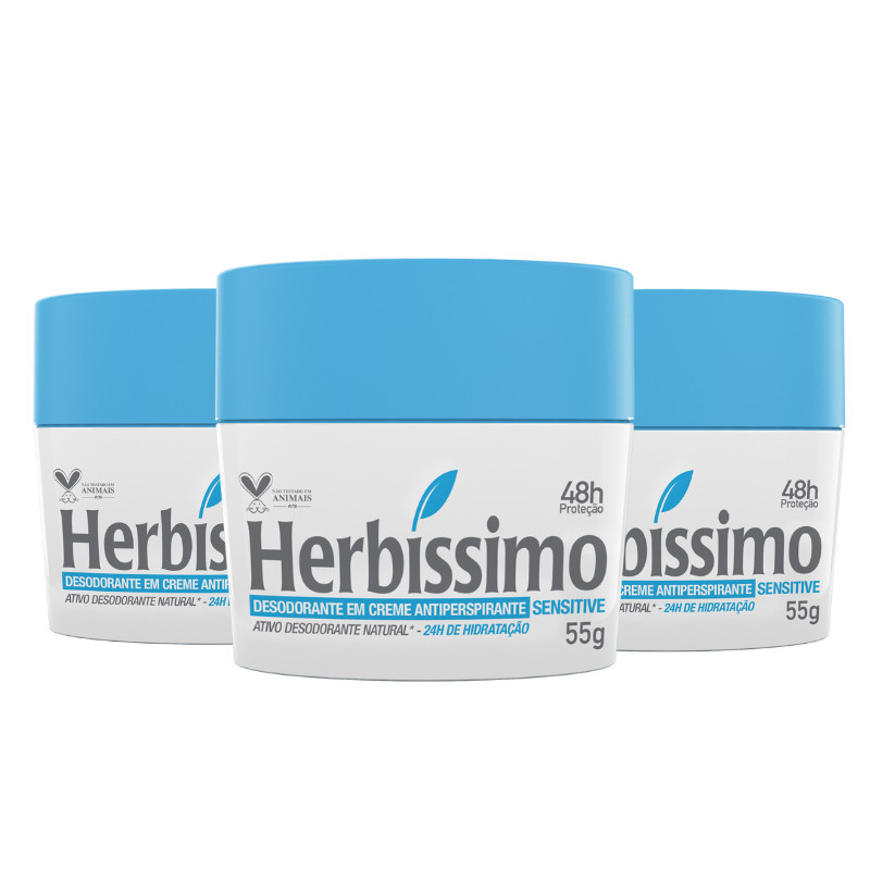 Kit 3 unid - Desodorante Creme Antitranspirante Herbíssimo Sensitive 55G em Oferta na Shopee