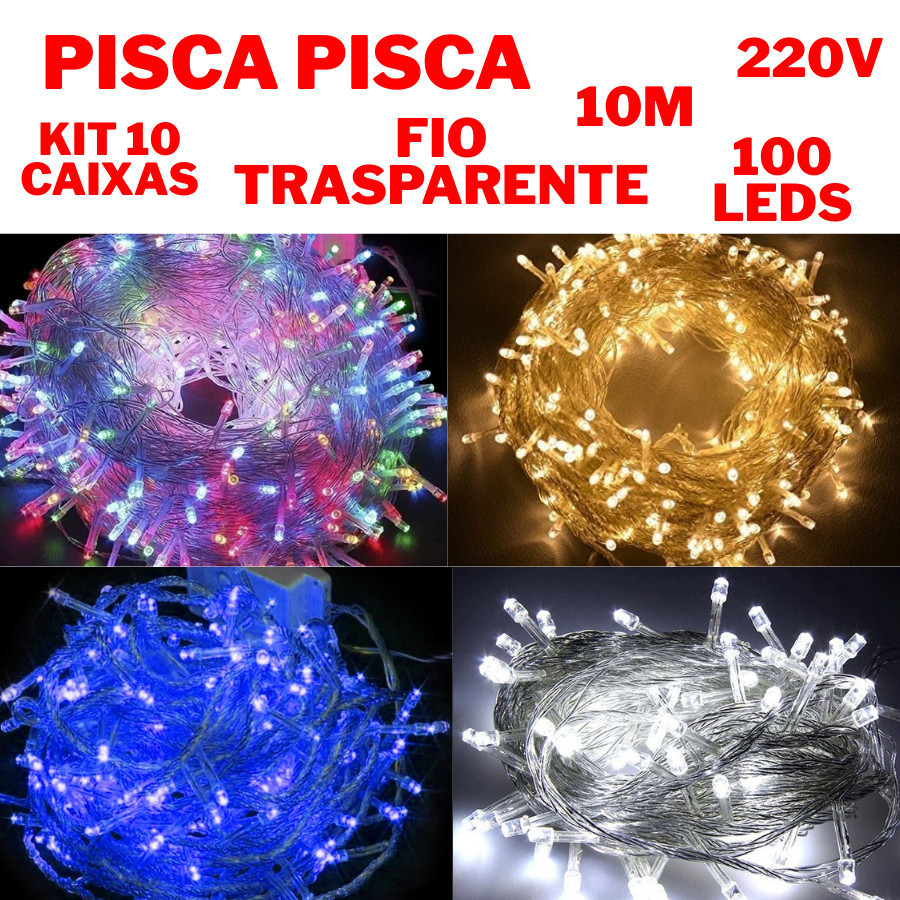 Kit 10 Caixas Pisca Pisca Natalino 220V 100 Leds 10M Fio Transparente Interno