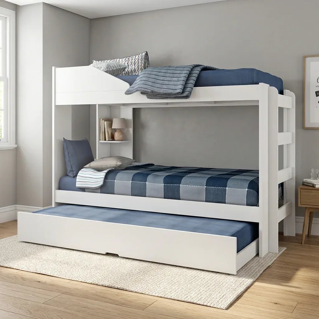 Treliche Solteiro com Cama Auxiliar, Prateleira e Proteção Antiqueda Indy Branco Branco