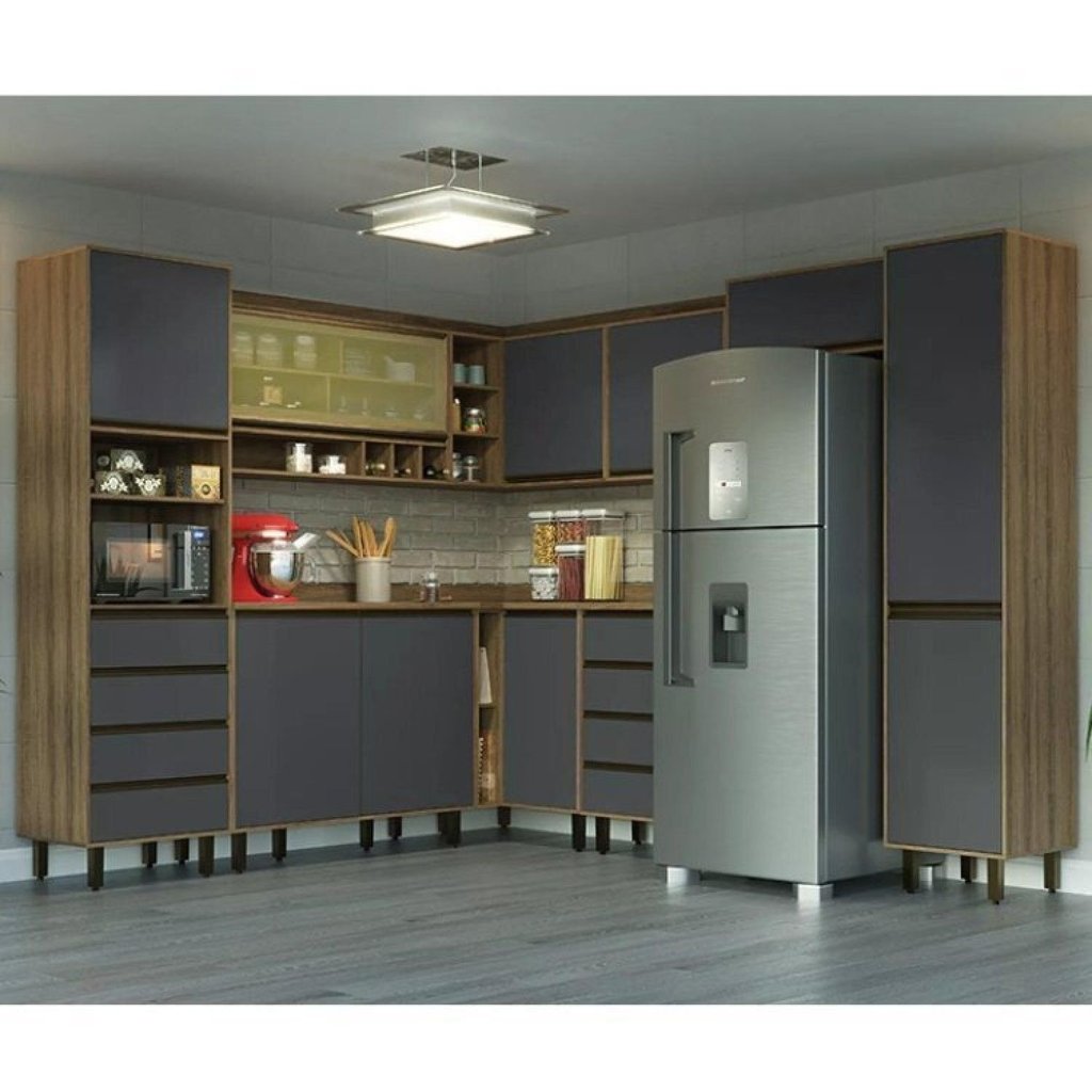 Cozinha Compacta Modulada 9 Peças 10 Portas 8 Gavetas Confort Cinza/Cinamomo/Grafite