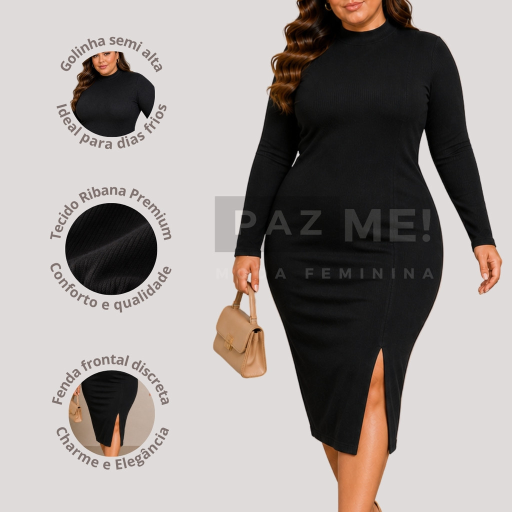 Vestido Midi Manga Longa Moda Evangelica Gola Alta Plus Size