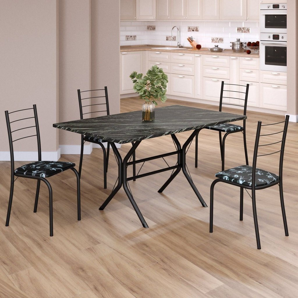 Conjunto Sala de Jantar Mesa Retangular 120x75cm Tampo Madeira Mdp Indiana 4 Cadeiras Rio Preto Floral/Preto Fosco
