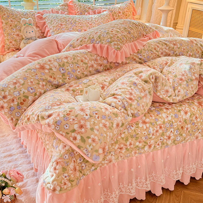 Versão coreana estilo princesa leite velo conjunto de quatro peças capa de cama estilo inverno engrossado flanela Coral 