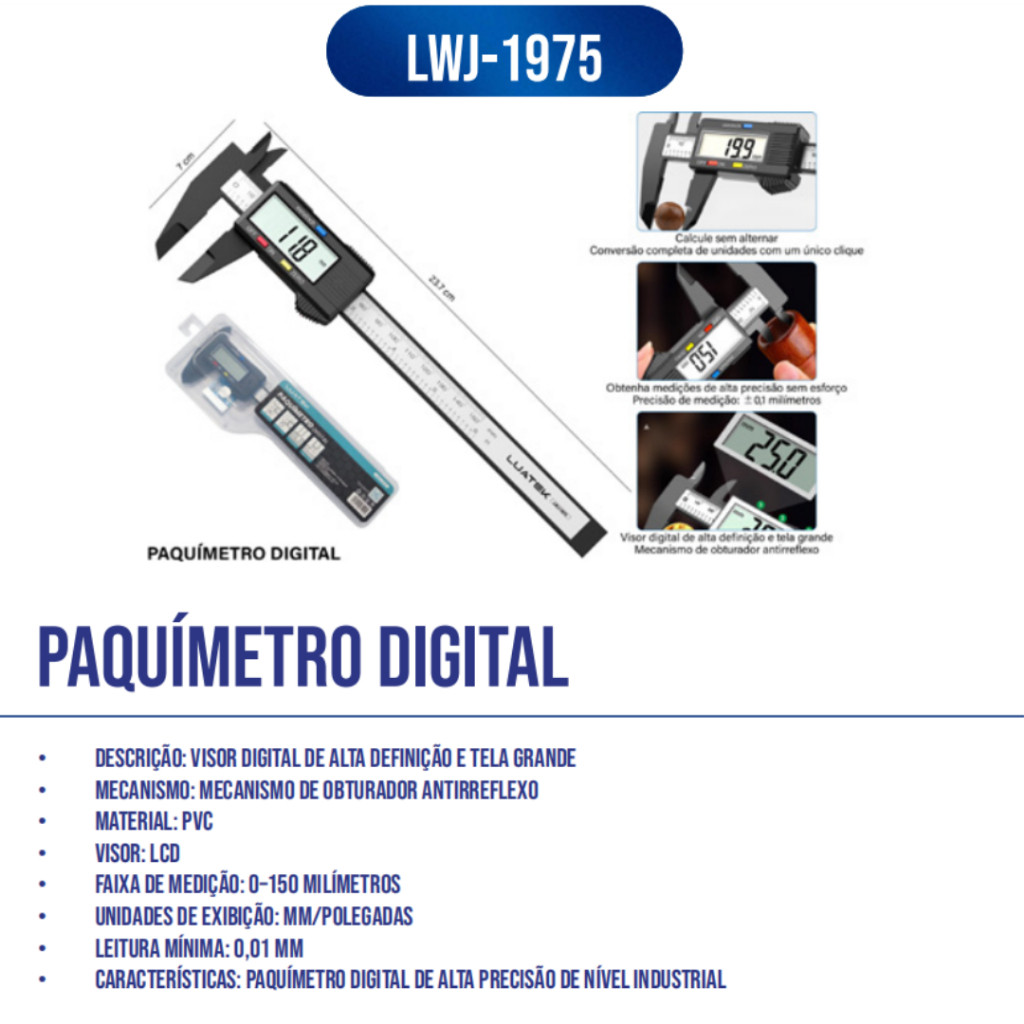 Paquímetro Digital 150mm Precisão 0,01mm LCD Grande para Uso Industrial e Hobby · foto 2